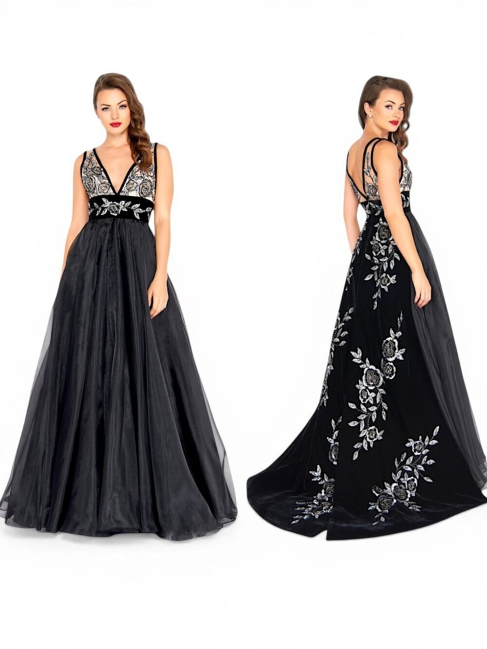 Mac Duggal 2035 Black Noir Sleeveless Formal Ball Gown Dress Velvet Beaded NWT 4